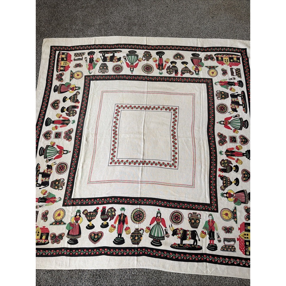 Vtg Linen Pennsylvania Dutch Tablecloth Orange Green Brown 49" Square Cottage
